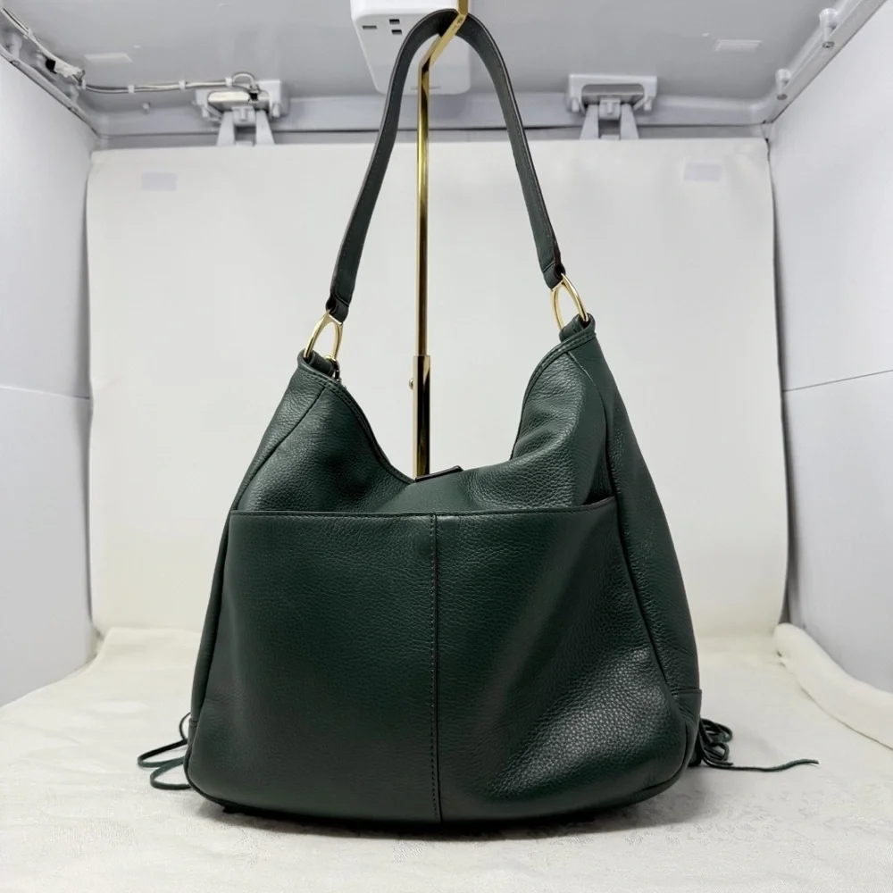 Gilli Genuine Leather Fringe Shoulder Bag – Green Hobo Tote with Tassel Detail